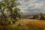 Harvesting near Barrow-on-Trent Signed and dated Geo Turner /86 by George Turner, Oil on canvas, sold Mar 2025