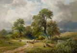 Landscape with a shepherd and a dog watching their flock by George Turner, Oil on canvas, sold Mar 2025
