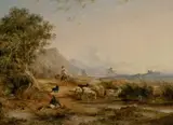 Italianate landscape at dusk with figures and animals by a pond by Edmund John Niemann, Oil on canvas, sold Mar 2025