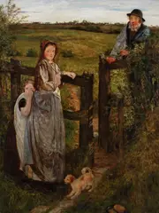 Figures waiting by a gate Signed with monogram and dated 1866 by Thomas Wade, 1866, Oil on canvas, sold Mar 2025