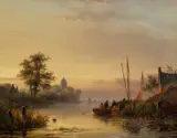 River landscape with fishermen at dusk Signed Ch Leickert by Charles Leickert, Oil on panel, sold Mar 2025