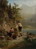 An encounter on the shore Signed and dated C Naumann 1890 by Carl Georg Naumann, Oil on panel, offered Mar 2025