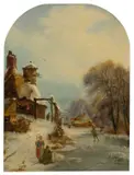 Winter landscape with figures skating on a frozen river Signed by Edward Francis Drew Pritchard, Oil on canvas, sold Mar 2025