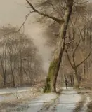 Winter landscape with a hunter on a tree-lined path Signed and by Frederik Rohde, Oil on canvas, sold Mar 2025