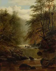 Mountainous river landscape with a heron on the rocks Signed William by William Mellor, Oil on canvas, sold Mar 2025