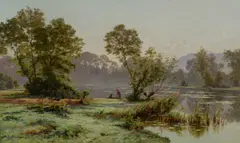 Lake landscape with figures boating Signed ARigalot by Albert Rigolot, Oil on canvas, sold Mar 2025