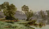 Lake landscape with figures boating Signed ARigalot by Albert Rigolot, Oil on canvas, sold Mar 2025