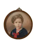 Portrait miniature of a boy wearing a blue jacket by Albert Theer, watercolor, sold Mar 2025