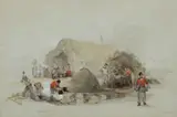 The Kitchen and Women's Hut at Chobham Camp Signed G by George Bryant Campion, Pencil and watercolour heightened with white, sold Mar 2025