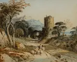 A shepherd and his flock on a path near a ruined tower Signed and by John Varley Ows, Watercolour, sold Mar 2025