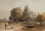 Travellers resting on a path with a church beyond Watercolour with by John Varley Ows, Watercolour with scratching out, sold Mar 2025