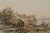 Extensive river landscape with figures near a ruined abbey Signed S by Samuel Cook, Pencil and watercolour, sold Mar 2025