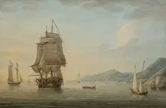 A Royal Navy frigate of 44-guns getting underway off Port Royal by Nicholas Pocock, Pen and black ink, and watercolour, sold Mar 2025