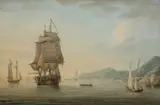 A Royal Navy frigate of 44-guns getting underway off Port Royal by Nicholas Pocock, Pen and black ink, and watercolour, sold Mar 2025