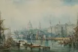 View of the Thames with St Pauls Cathedral and The Monument Signed by George Chambers Jr., Pencil and watercolour heightened with white, sold Mar 2025