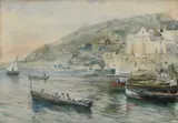 Boats on a continental lake Signed I W INCHBOLD by John William Inchbold, Watercolour heightened with white, sold Mar 2025