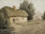 Figures outside a cottage with St John's Deritend beyond by Charles Barber, Watercolour, offered Mar 2025