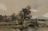 Landscape with children by a stream Signed WMuller by William James Müller, Watercolour heightened with white, sold Mar 2025
