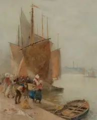 Unloading the catch Signed H by Hector Caffieri, Watercolour heightened with white, sold Mar 2025