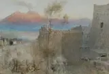 Vesuvius viewed from fortifications at dusk Signed Albert Goodwin by Albert Goodwin, Watercolour heightened with white and scratching out, sold Mar 2025