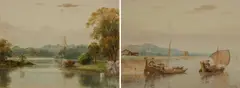 Lake landscape with the Mandalay Palace in the distance by M.T. Hla, watercolour, sold Mar 2025