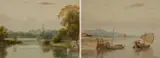 Lake landscape with the Mandalay Palace in the distance by M.T. Hla, watercolour, sold Mar 2025