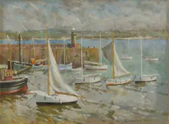 Boats in the harbour by Arthur Hayward, Oil on board, sold Dec 2024
