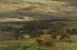 River landscape with cattle Signed Owen Bowen by Owen Bowen, Oil on canvas, sold Dec 2024