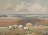 Landscape with cattle grazing on a hillside Signed Fred Hall by Frederick Hall, Oil on canvas, sold Dec 2024
