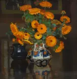 Still life with marigolds in a Mason's jug Oil by Teresa Copnall, Oil on canvas, sold Dec 2024