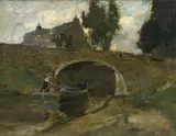 View of a canal with a barge going under a bridge Signed and by Bertram Walter Priestman, Oil on canvas, sold Dec 2024