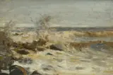 Waves against the rocks Oil by James William Booth, Oil on board, sold Dec 2024