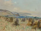 Extensive landscape with hay stooks and the sea beyond by James William Booth, Oil on board, sold Dec 2024