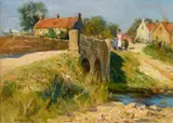 Figures at the bridge in summer Signed JW Booth by James William Booth, Oil on board, offered Dec 2024