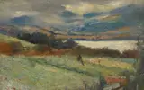 Landscape with lake under a stormy sky Signed indistinctly by James William Booth, Oil on board, sold Dec 2024