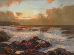 Waves against the rocks at sunset Signed Julius Olsson by Julius Olsson, Oil on canvas, sold Dec 2024