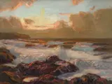 Waves against the rocks at sunset Signed Julius Olsson by Julius Olsson, Oil on canvas, sold Dec 2024