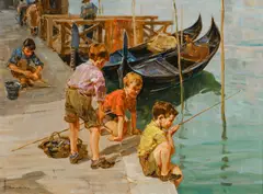 Fishing on a Venetian canal Signed Brombo by Angelo Brombo, Oil on canvas, sold Dec 2024