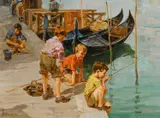 Fishing on a Venetian canal Signed Brombo by Angelo Brombo, Oil on canvas, sold Dec 2024