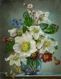 Still life with flowers in a blue glass vase on a ledge Signed Cecil by Cecil Kennedy, Oil on canvas, sold Dec 2024