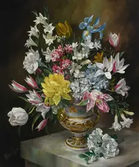 Still life with flowers in a vase on a marble plinth Signed Harold by Harold Clayton, Oil on canvas, offered Dec 2024