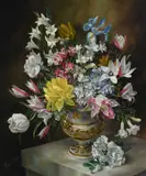 Still life with flowers in a vase on a marble plinth Signed Harold by Harold Clayton, Oil on canvas, offered Dec 2024