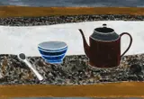 Composition with Blue Striped Bowl Signed by Rachel Nicholson, Acrylic on canvasboard, sold Dec 2024