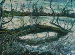 Fallen Tree in Evening Lake Signed with initials AR by Anthony Rossiter, Oil on board, sold Dec 2024