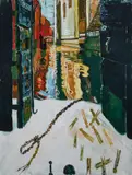 Red Canal and Gondola through Shutters Signed BRATBY by John Bratby, Oil on canvas, sold Dec 2024
