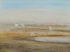 Wimmera landscape with cockatoos Signed Arthur Boyd by Arthur Boyd, Oil on board, sold Dec 2024