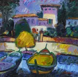 Boats at Port de Pollença by Jo Hargan, Oil on canvas, sold Dec 2024