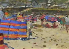 Red Windbreak by Ken Howard, Oil on board, sold Dec 2024