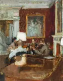 The Gabrieli Quartet Rehearsing at Stourhead by Bernard Dunstan, Oil on canvasboard, sold Dec 2024