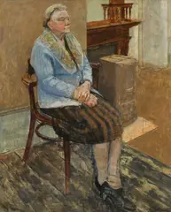 Portrait of a lady seated in an interior Signed Patrick George by Patrick George, Oil on board, sold Dec 2024